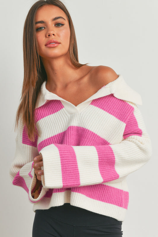 Pink Striped Wide Collar Sweater