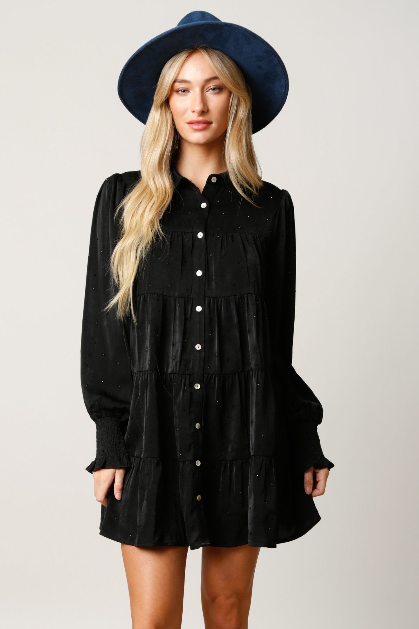 Black Rhinestone Button Up Dress