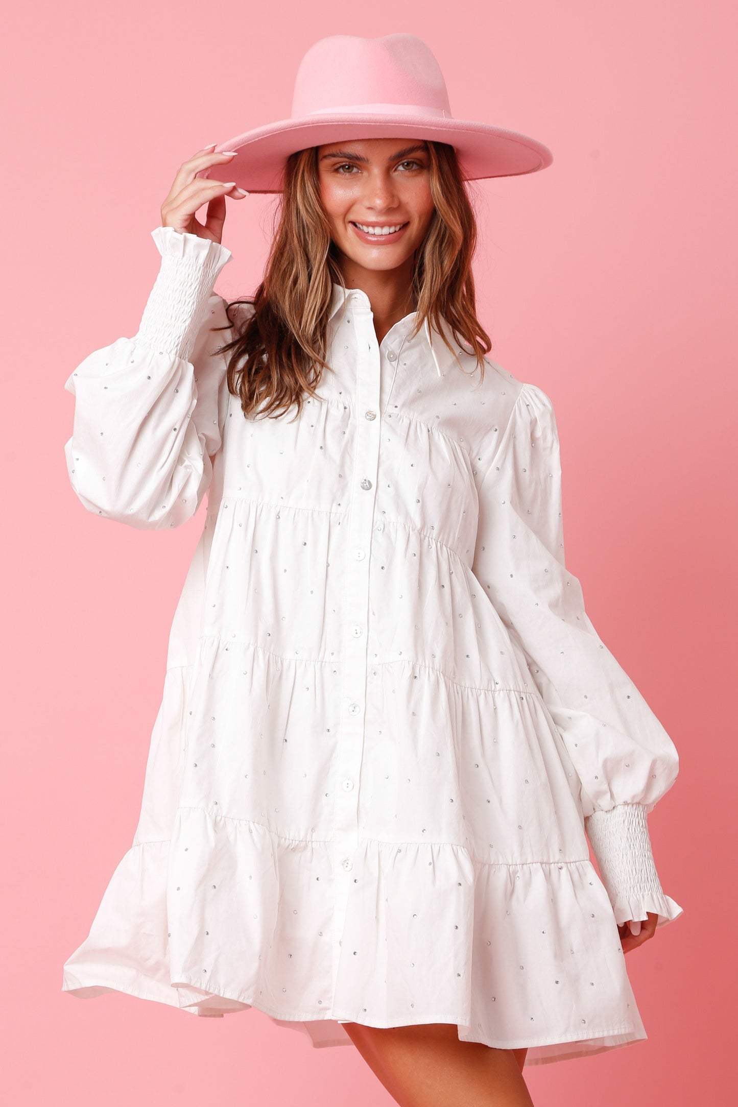 White Rhinestone Poplin Dress