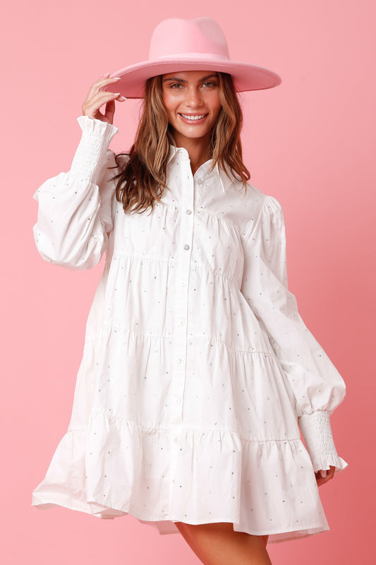 White Rhinestone Poplin Dress