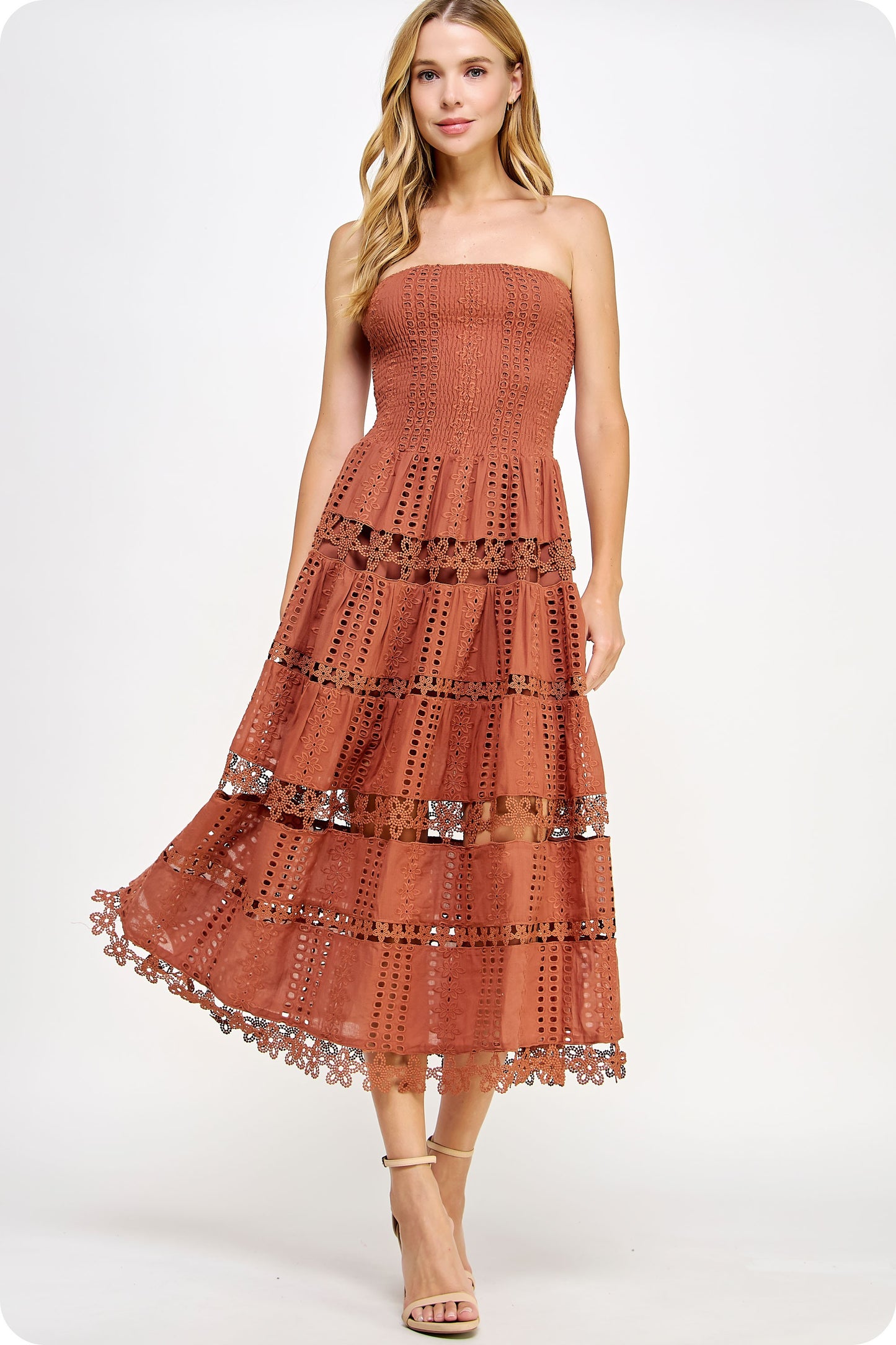 Burnt Orange Eyelet Lace Tube Dress