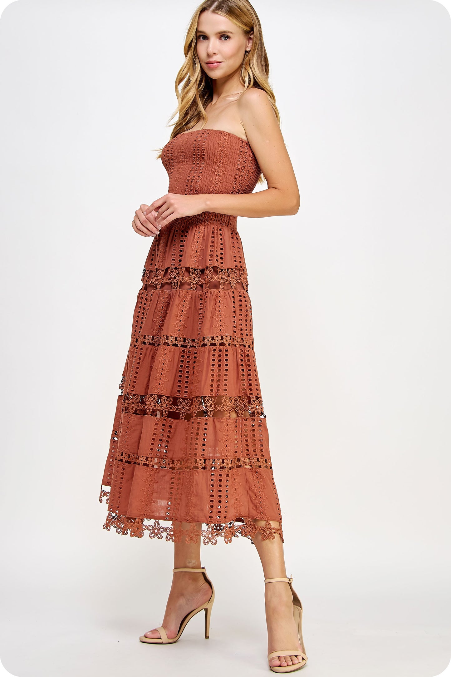 Burnt Orange Eyelet Lace Tube Dress